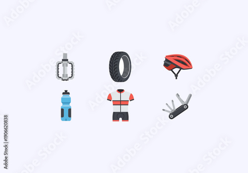 Vector Ilustration idea Concept Essential Cycling Gear - Pedal, Tire, Helmet, Bottle, Outfit, and Multi-Tool.