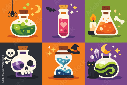 Halloween Magic Potions Vector Collection. Flat Icons of Alchemy Flasks, Witchcraft Ingredients, Spells, Skull, Cat, and Spider Set.