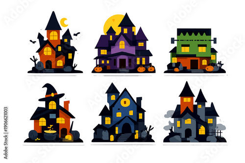 Spooky Halloween Haunted Houses Sticker Set. Cartoon Collection of 6 Witches, Dracula, and Monster Mansions. Vector Illustration.