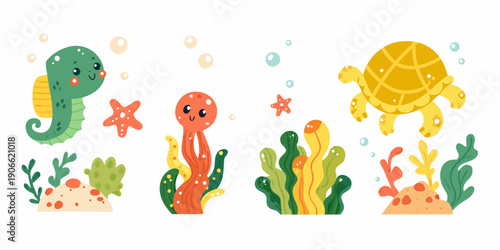 Cute cartoon seahorse turtle starfish and coral reef elements illustration