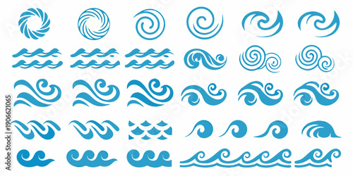 Collection of blue wave and swirl designs arranged in rows