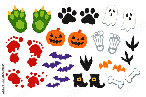 Halloween Footprints and Tracks Sticker Pack. Vector set of monster claws, bloody steps, ghost, bat, pumpkin, and witch boots.