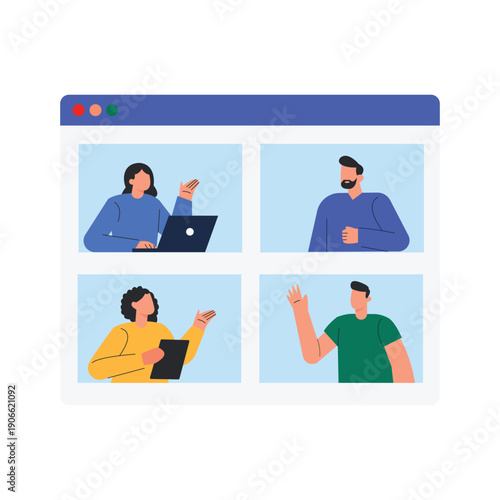 People attending a professional video conference meeting on a web browser interface vector illustration.