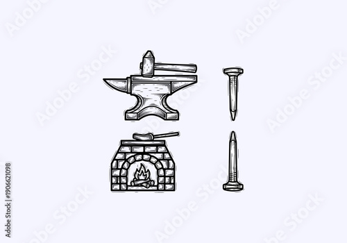 Vector Ilustration idea Concept Engraved Blacksmith Tools - Anvil, Hammer, Forge, Fire, and Nails Illustration.
