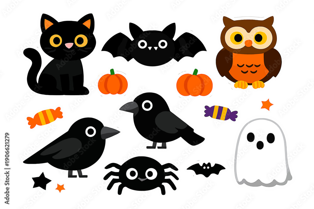 Fototapeta premium Cute Halloween Vector Sticker Set. Cartoon Characters including Black Cat, Ghost, Owl, Bat, Spider, Raven, and Pumpkin icons.