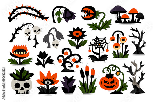 Halloween Sticker Set of Spooky Plants, Creepy Flowers, and Horror Garden Flora. Skull, Jack-o'-Lantern, and Carnivorous Plant Stickers.