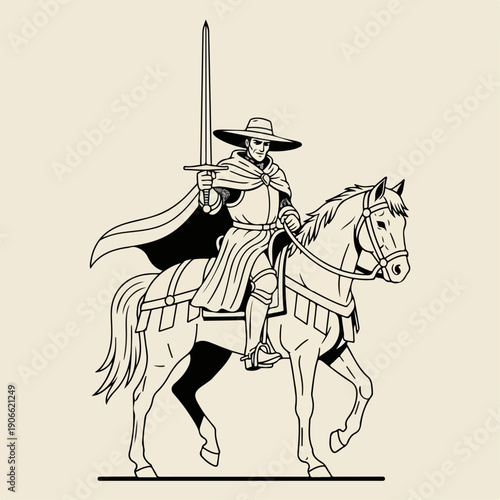 flat illustration of a horse-drawn soldier sketch