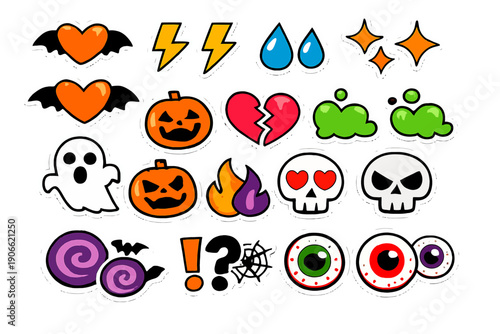 Spooky Halloween Sticker Pack: Cartoon Ghost, Jack-o'-Lantern, Skull, Broken Heart, Eyeball, Lightning Bolt, and Cute Creepy Vector Patches Collection.