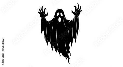 Scary Black Ghost Illustration with Glowing Eyes and Spooky Waving Hands - Perfect for Halloween Decorations and Themes