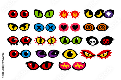 Vector Sticker Set of Cartoon Monster Eyes. Assortment of Quirky, Spooky, and Funny Character Design Elements Isolated on White.