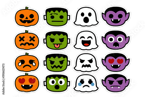Halloween Emoji Sticker Pack: Cute Pumpkin, Ghost, Frankenstein, Vampire Monster Faces and Expressions