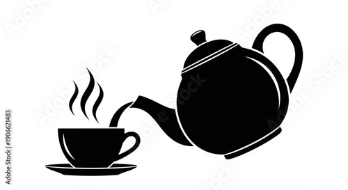 Stylized black vector icon of a classic teapot pouring steaming hot tea into a traditional teacup, symbolizing warmth, relaxation, and refreshment