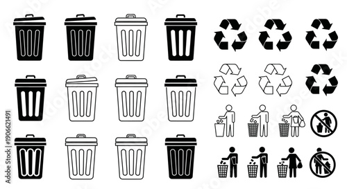 Diverse vector icon set for waste management and recycling, featuring various trash cans, eco-friendly recycle symbols, and people responsibly disposing of waste