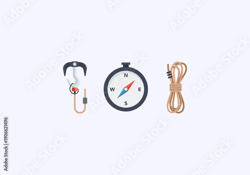 Vector Ilustration idea Concept Essential Outdoor Gear - Carabiner, Compass, and Rope for Adventure.