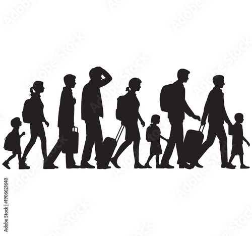 Silhouette of war refugees walking with luggage and children vector style, displacement, migration, humanitarian support, family evacuation, crisis, emergency vector graphic