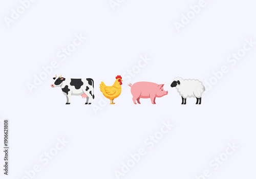 Vector Ilustration idea Concept Farm Animals - Cow, Chicken, Pig, and Sheep Illustration.