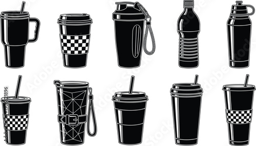 Black reusable drinkware silhouette illustrations showing tumblers bottles mugs travel cups isolated on white background modern beverage container vector set