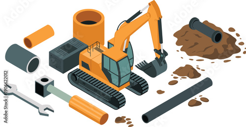 Isometric construction excavator with pipes tools and soil, industrial digging equipment illustration for engineering and building work concept