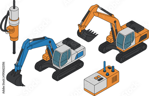 Isometric construction excavator machines with hydraulic breaker and controller, heavy equipment illustration for industrial engineering and building work concept