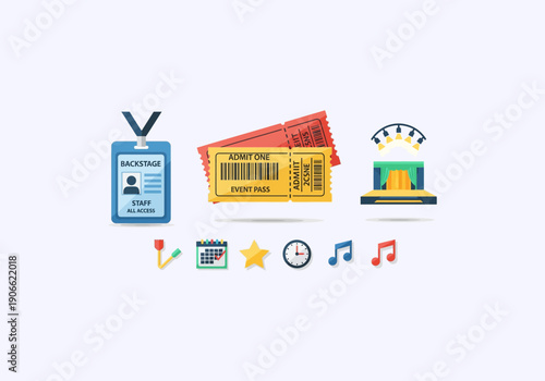 Vector Ilustration idea Concept Event and Performance Icons - Backstage Pass, Tickets, and Stage.