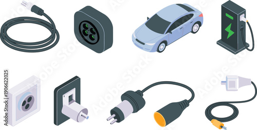 Isometric electric vehicle charging cables plugs and EV station set, modern power connection technology illustration for energy infrastructure concept