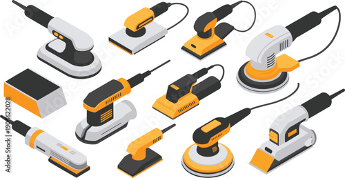Isometric electric sanding tools illustration, orbital sanders polishers woodworking workshop equipment industrial finishing machines vector tool set design