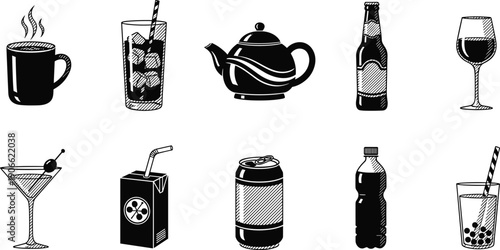 Hand drawn beverage drink illustration set featuring coffee tea soda juice beer wine isolated on white background vintage black line art vector