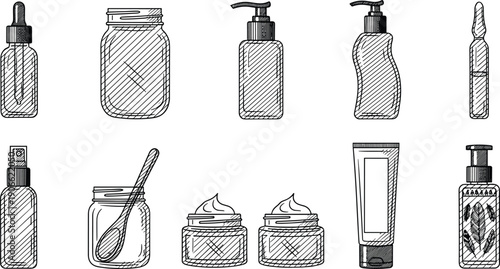 Hand drawn cosmetic packaging icons set featuring bottles jars tubes droppers pumps for skincare beauty product branding design illustration outline