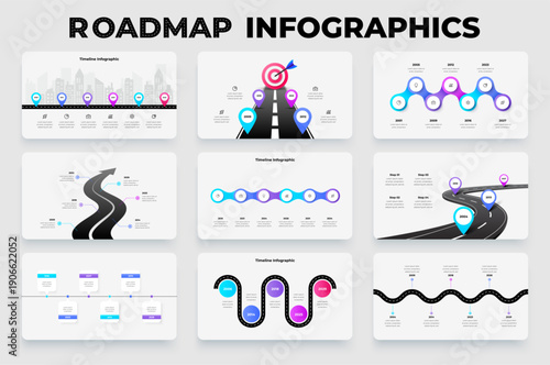 Roadmap timeline infographics set with curved roads, milestone maps, navigation pins and timeline diagrams for business presentations and project planning