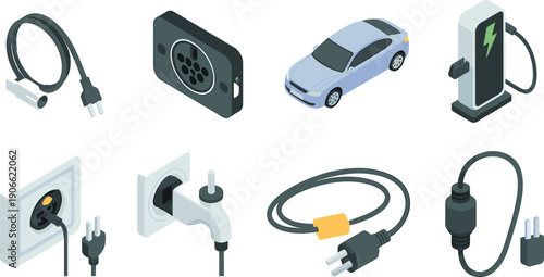 Isometric electric vehicle charging plugs cables and EV station set, modern power connection technology illustration for sustainable mobility concept