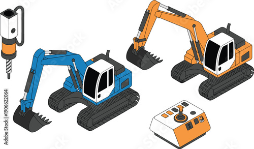 Isometric excavator machines with drill attachment and remote controller, construction heavy equipment illustration for industrial engineering work concept