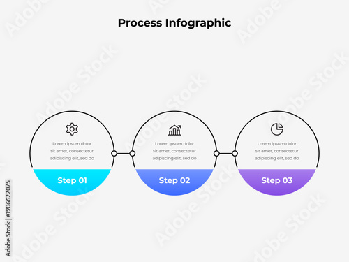 Horizontal semicircle workflow infographic with three connected steps showing gear, analytics and pie chart business process sequence