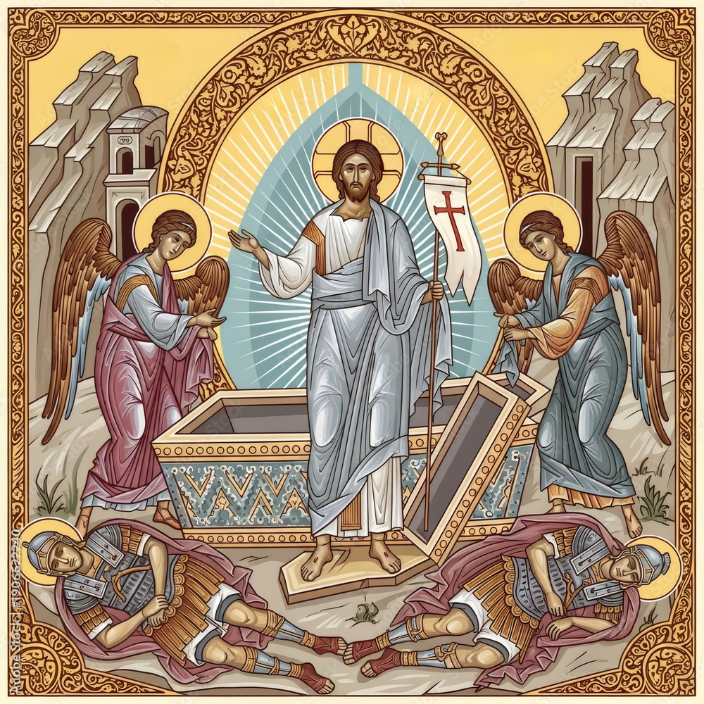 Naklejka premium Christian icon of Christ resurrection scene. Jesus emerges from his tomb, angels by and guards sleeping. For Easter holiday.