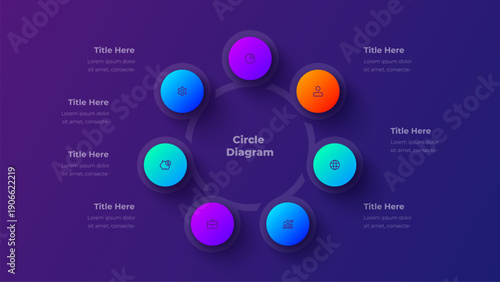 Seven step circular process diagram with gradient round elements and icons for business process and workflow presentation on dark purple gradient background