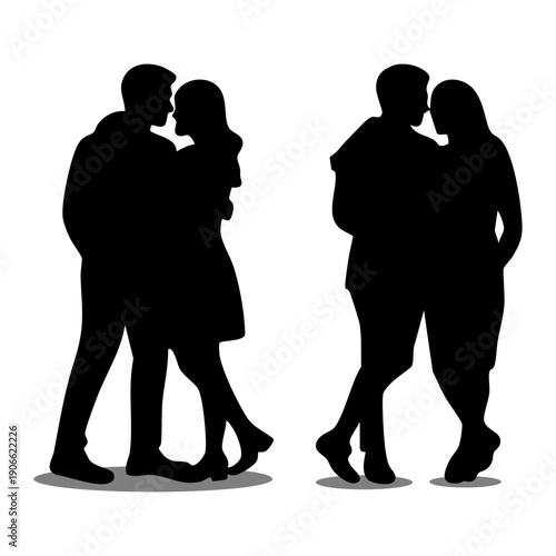 Romantic black couple silhouette illustration, Love couple hugging and kissing silhouettes, Valentine’s day romantic lovers silhouette, Man and woman couple love silhouette design