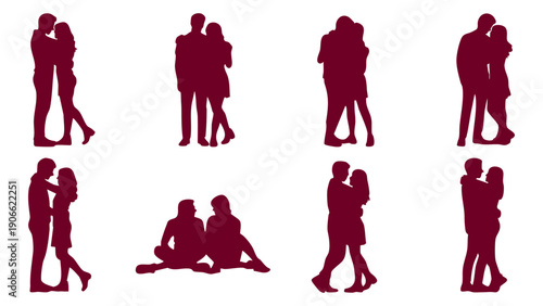 Romantic couple silhouette set in love poses, Love couple hugging and kissing silhouettes, Valentine’s day romantic lovers silhouette collection, Man and woman couple love silhouette illustration