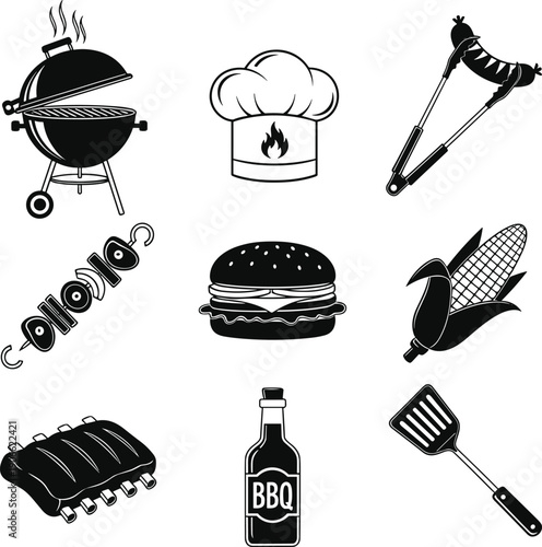 Black barbecue and grilling icon illustration set featuring grill burger sausages corn tools sauce isolated on white background outdoor cooking vector