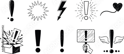 Black exclamation and attention symbols illustration set featuring alerts emphasis surprise icons isolated on white background hand drawn expressive vector design