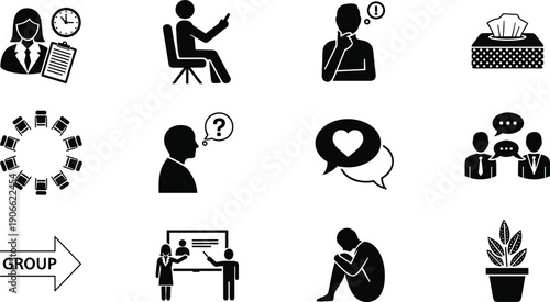 Black human psychology and communication silhouette icons showing thinking conversation teamwork emotions stress isolated on white background modern business vector set