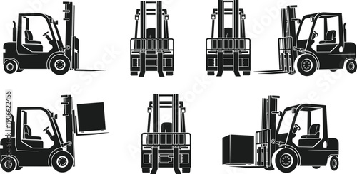 Black forklift truck silhouette illustrations showing warehouse material handling vehicles lifting boxes isolated on white background industrial vector set design collection