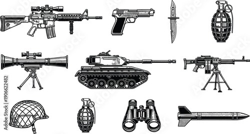 Black military weapons and equipment illustration set featuring guns grenades tank rocket helmet binoculars isolated on white background detailed vector collection