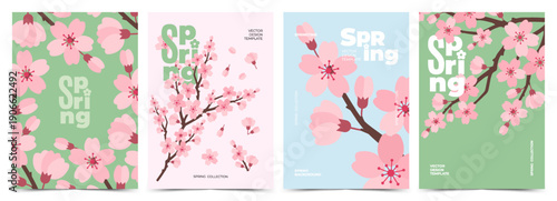Hello Spring poster set with Sakura cherry blossom branches. Floral art template for Japanese themed, Hanami, banner, greeting card, cover, seasonal decor, advertising, social media.