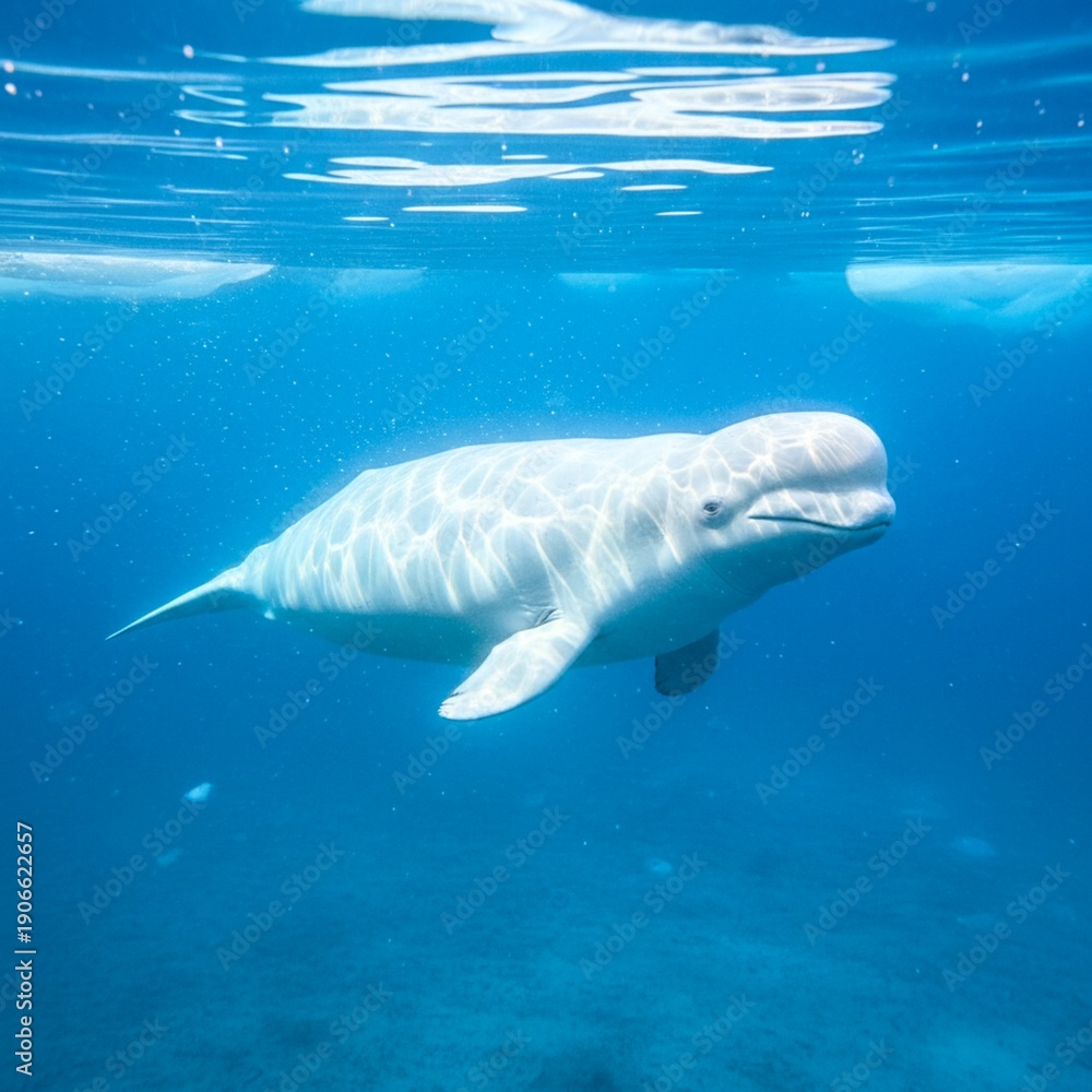 Fototapeta premium A white beluga glides smoothly across the clear ocean, light shining through from above and forming patterns on its skin, while the top of the image shows a shallow icy sky.