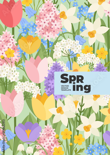 Spring card, poster with tulip, daffodil, crocus, hyacinth, bluebell, daisy, lily of the valley, forget me not flowers. Floral art template for banner, cover, advertising, social media, web