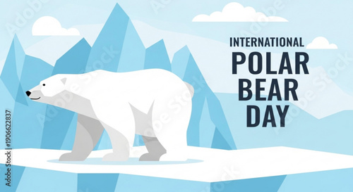 Polar bear on melting ice floe with iceberg and clouds on international polar bear day