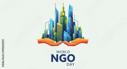 World ngo day illustration with cityscape and hands symbolizing support and community