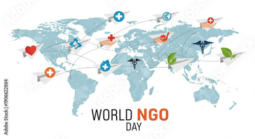 World ngo day global map with airplanes and medical symbols on white background