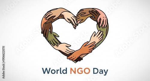 Diverse hands forming heart shape for world ngo day symbolizing global unity and charity