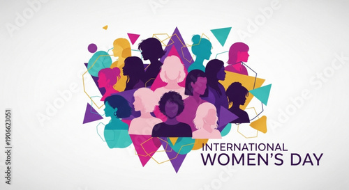 International women's day colorful illustration with diverse group of women in purple pink and teal hues on white background
