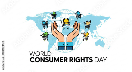 World consumer rights day illustration with hands holding shopping carts on a globe